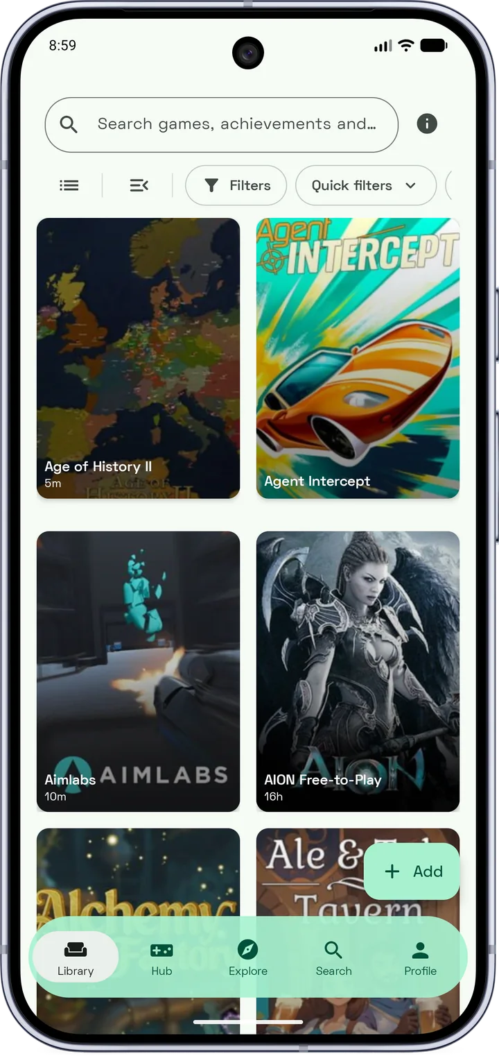 Pantalla de la biblioteca de ArkPixels en la que se muestra una colección personal de videojuegos